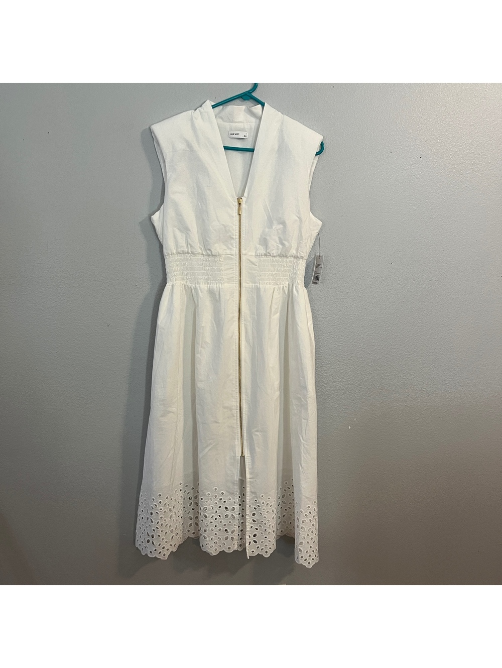 Nine West Zip Front Midi Dress Large White Eyelet Smocked Waist NWT